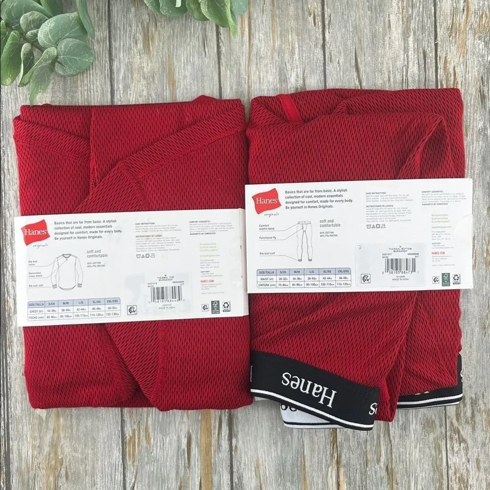 Mens Hanes Originals Raschel Reversible Knit Thermal Top & Bottom Size M